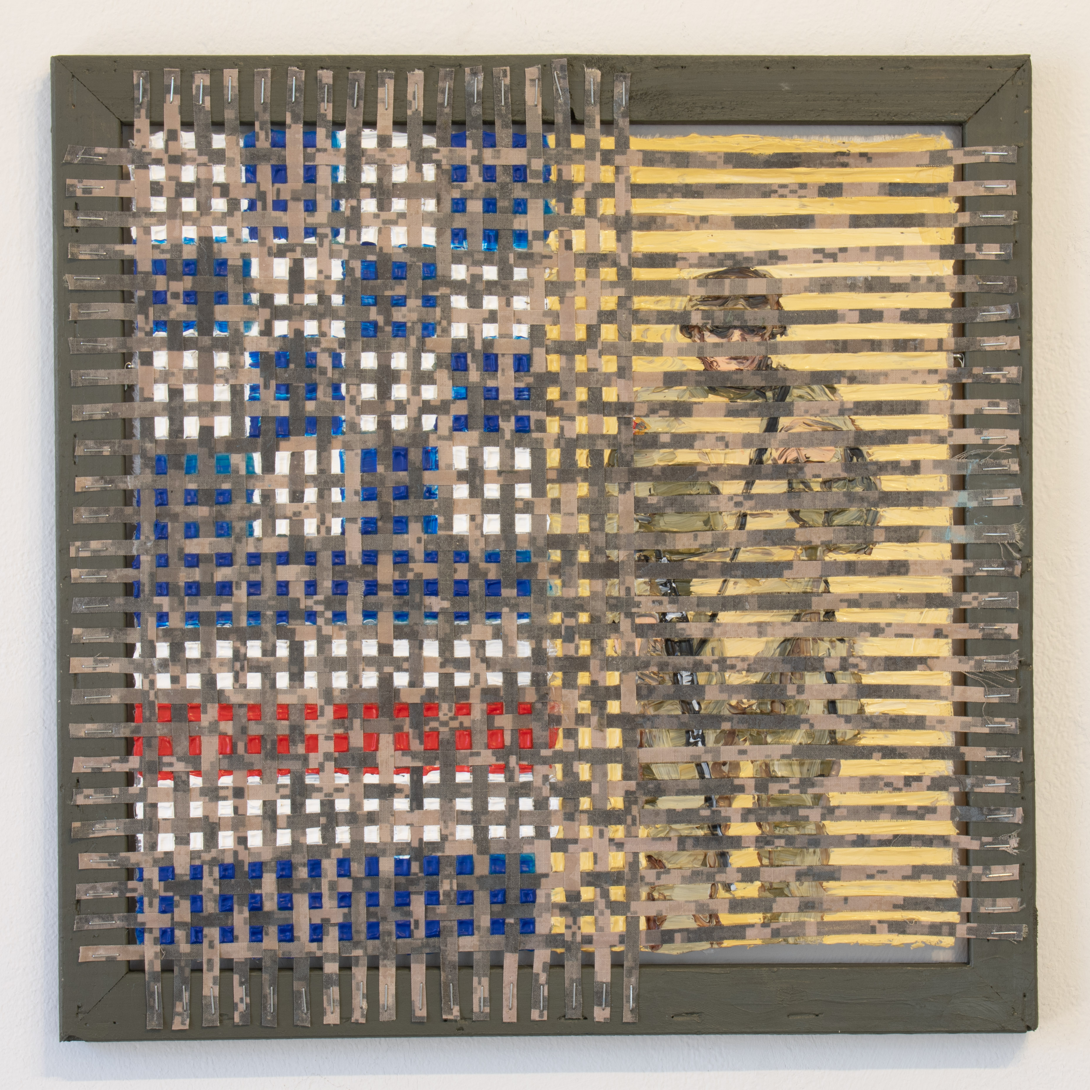 November Over Charlie (Brother Army), 2023, US Army uniform, acrylic, staples, wood, 16 x 16 in.